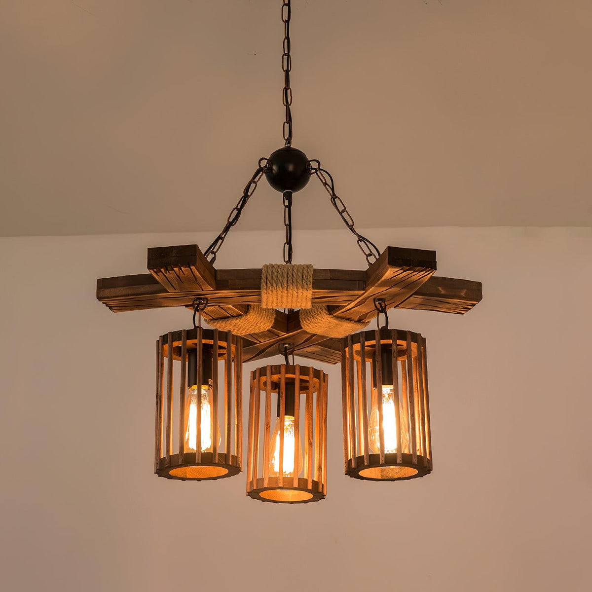 Rinanaine Kronleuchter Retro aus massivem Holz im Industrielook