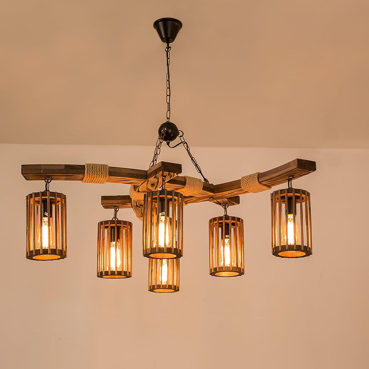 Rinanaine Kronleuchter Retro aus massivem Holz im Industrielook