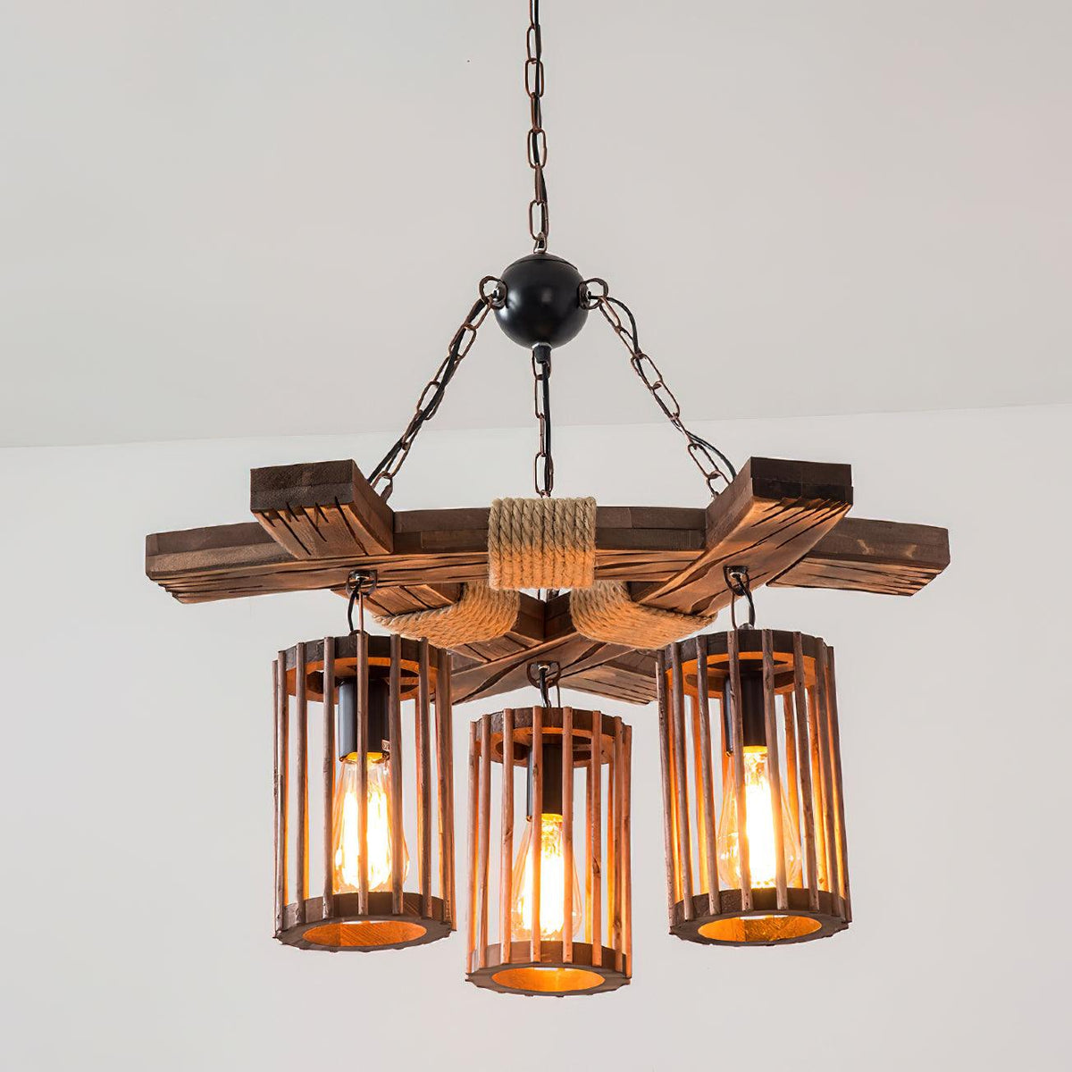 Rinanaine Kronleuchter Retro aus massivem Holz im Industrielook
