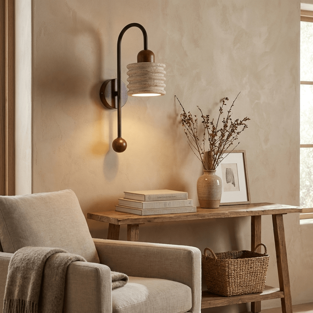 Ribbed Travertine Arc Wandleuchte