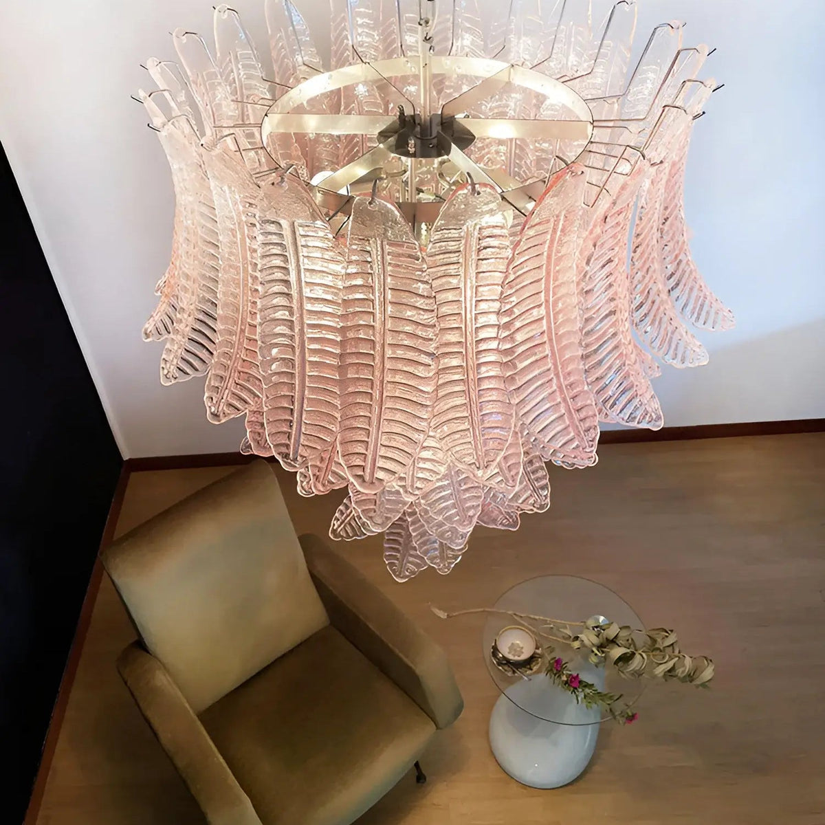 Liorisian Kronleuchter Pink Murano-Glasblätter Kaskaden Romantisch