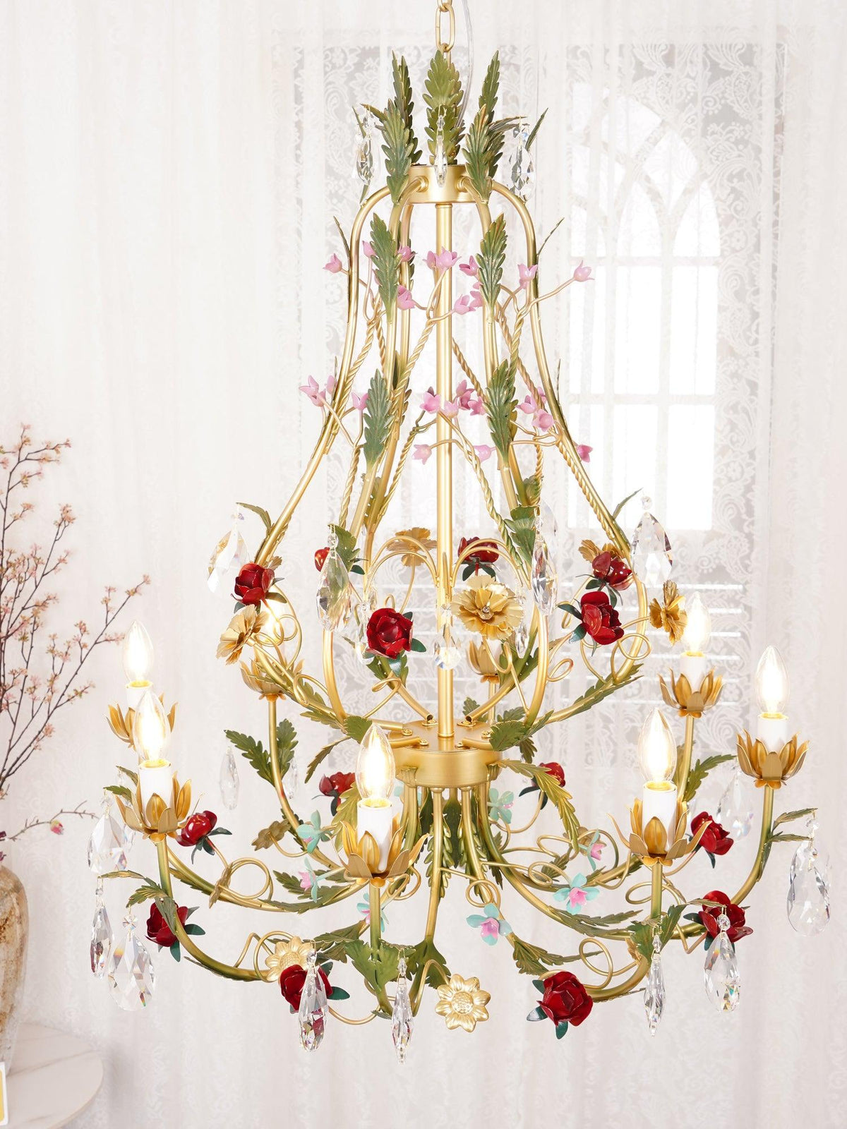 Selarella Kronleuchter aus Messing mit floralen Rosen und Kristallkerzen