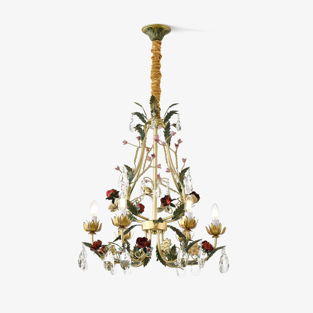 Selarella Kronleuchter aus Messing mit floralen Rosen und Kristallkerzen