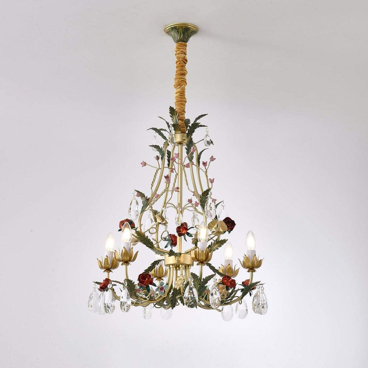 Selarella Kronleuchter aus Messing mit floralen Rosen und Kristallkerzen