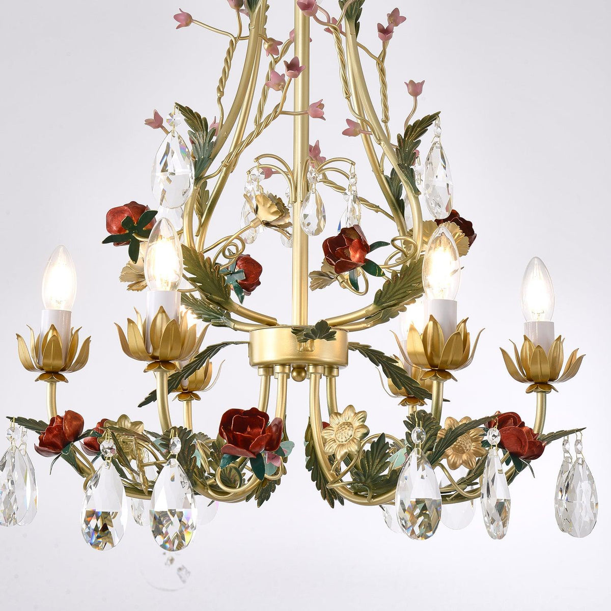 Selarella Kronleuchter aus Messing mit floralen Rosen und Kristallkerzen