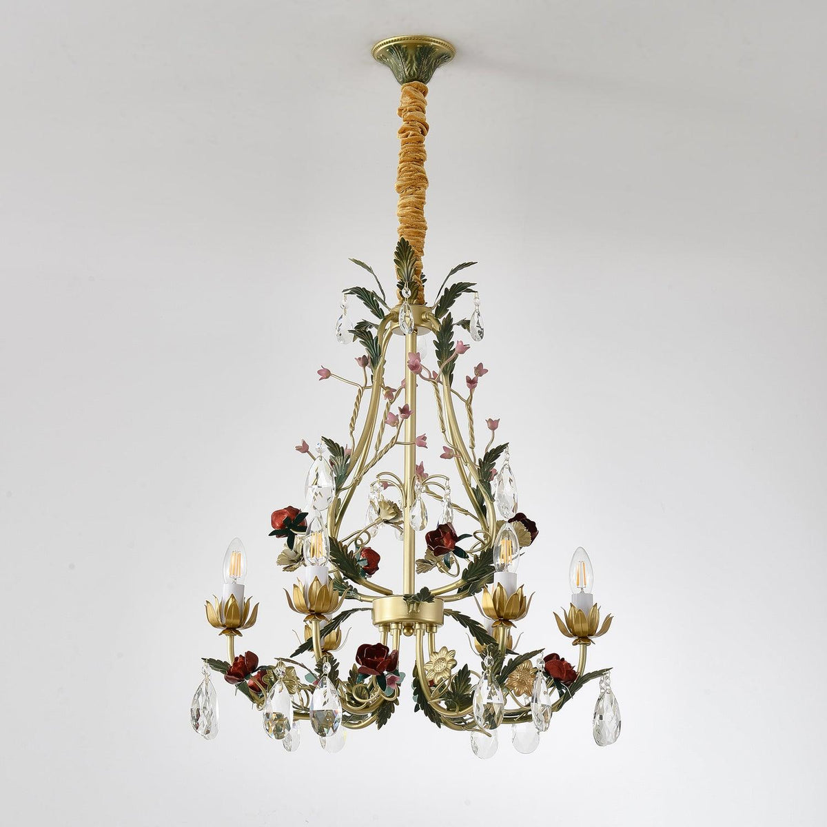 Selarella Kronleuchter aus Messing mit floralen Rosen und Kristallkerzen
