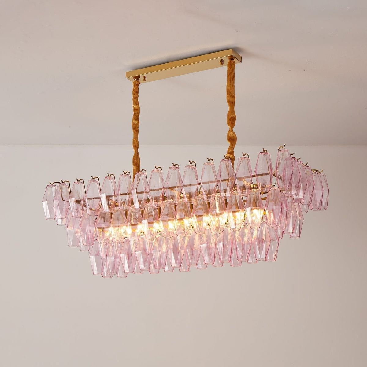 Eireora Kronleuchter aus Rose-Prismenglas mit mehrschichtigem rechteckigem Lampenschirm