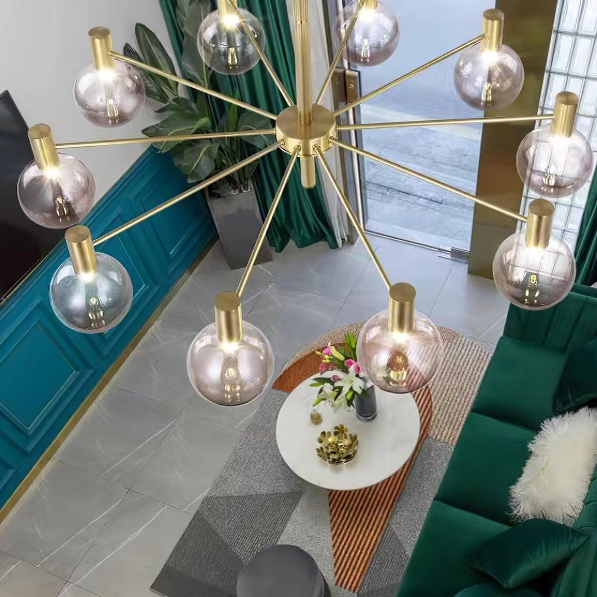 Veloiel Kronleuchter Glaskugel Glas Goldrahmen modern