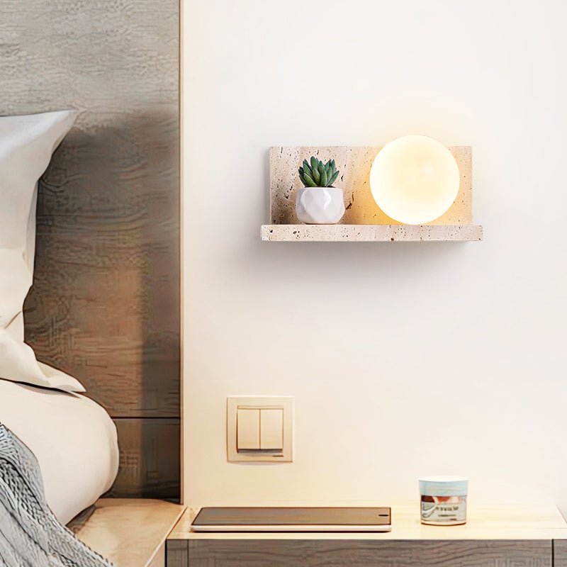 Vanthel Regal Wandleuchte aus Travertin mit Kugelschirm für Pflanzen-Display und Kopfteil