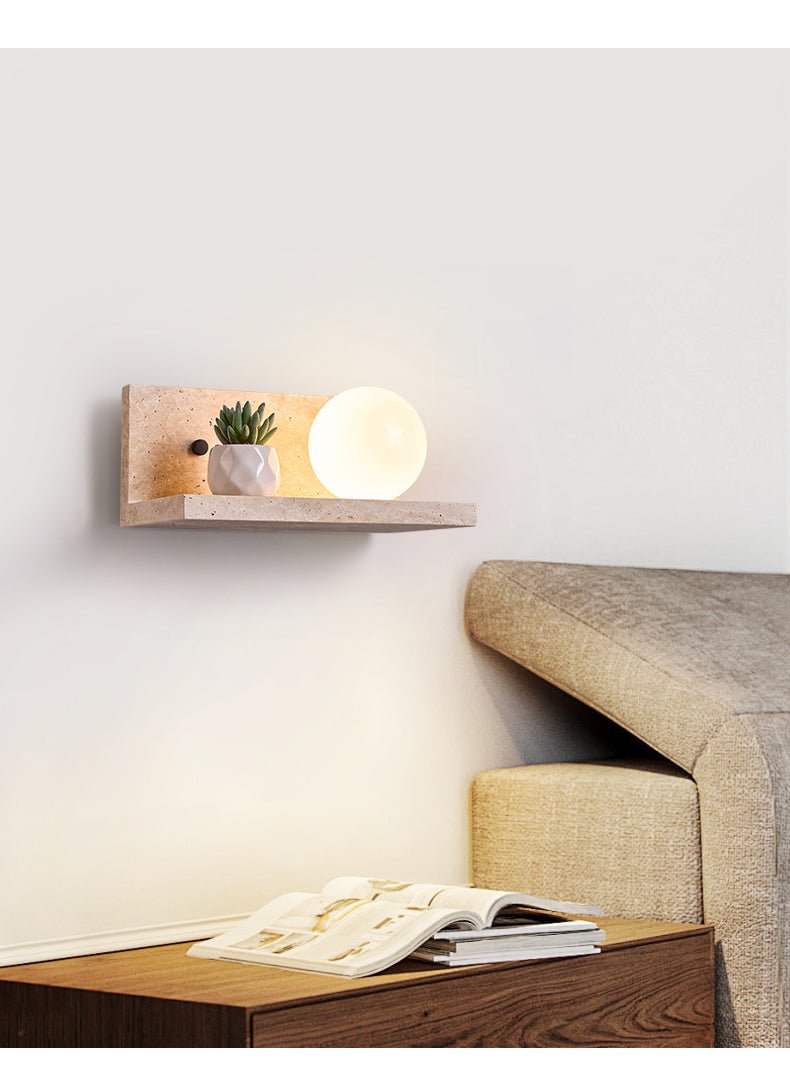 Vanthel Regal Wandleuchte aus Travertin mit Kugelschirm für Pflanzen-Display und Kopfteil