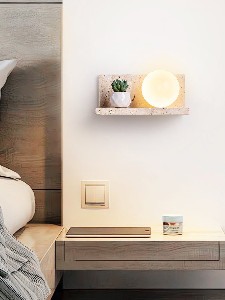 Vanthel Regal Wandleuchte aus Travertin mit Kugelschirm für Pflanzen-Display und Kopfteil