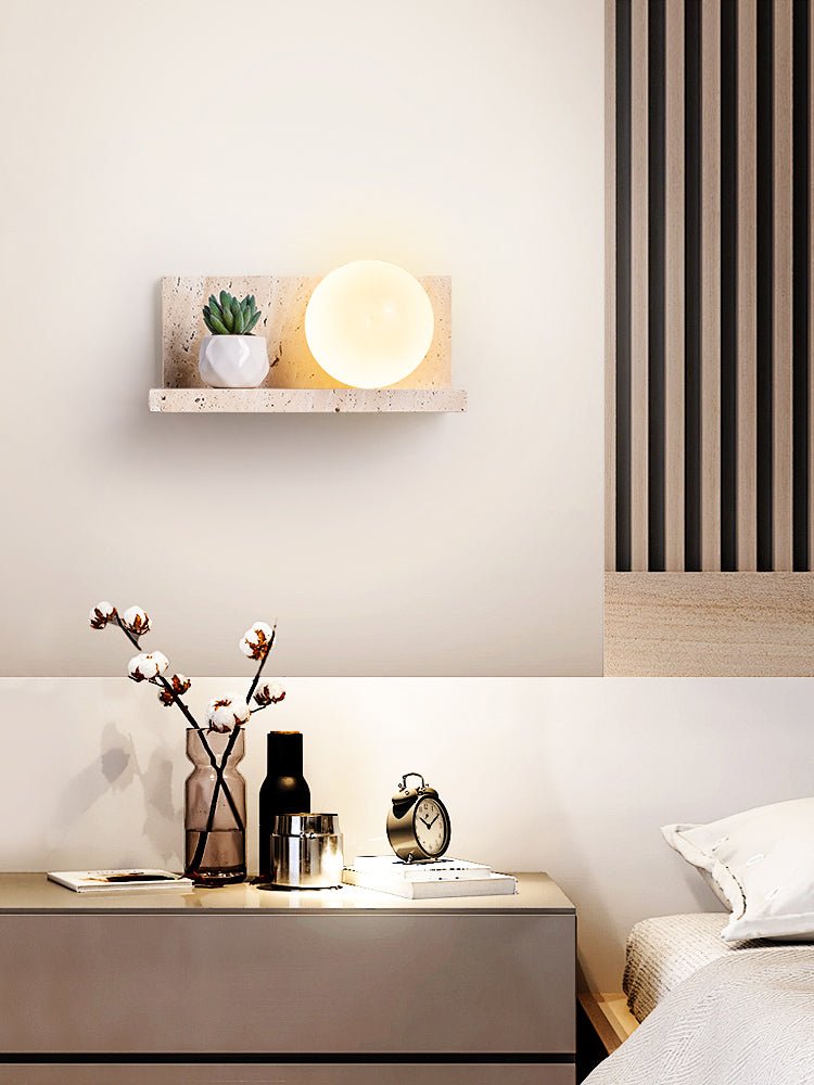 Vanthel Regal Wandleuchte aus Travertin mit Kugelschirm für Pflanzen-Display und Kopfteil