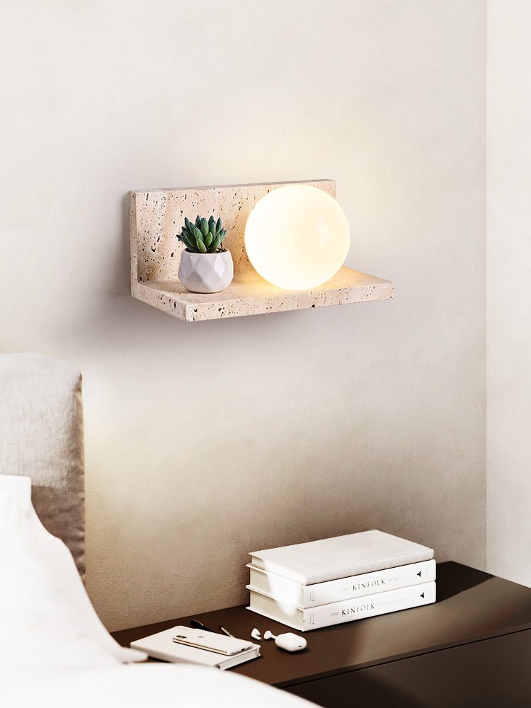 Vanthel Regal Wandleuchte aus Travertin mit Kugelschirm für Pflanzen-Display und Kopfteil
