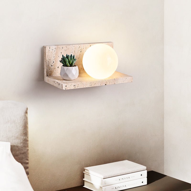 Vanthel Regal Wandleuchte aus Travertin mit Kugelschirm für Pflanzen-Display und Kopfteil