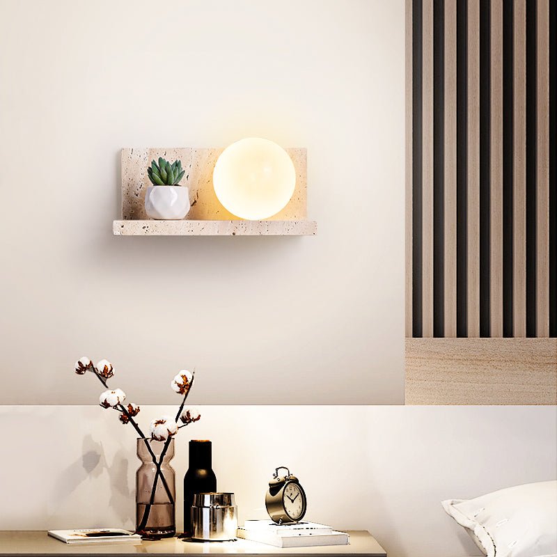 Vanthel Regal Wandleuchte aus Travertin mit Kugelschirm für Pflanzen-Display und Kopfteil