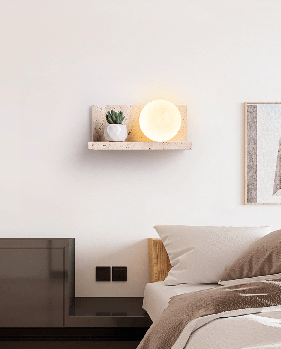 Vanthel Regal Wandleuchte aus Travertin mit Kugelschirm für Pflanzen-Display und Kopfteil