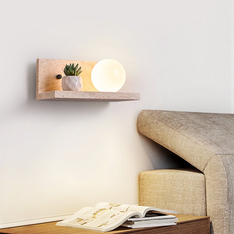 Vanthel Regal Wandleuchte aus Travertin mit Kugelschirm für Pflanzen-Display und Kopfteil