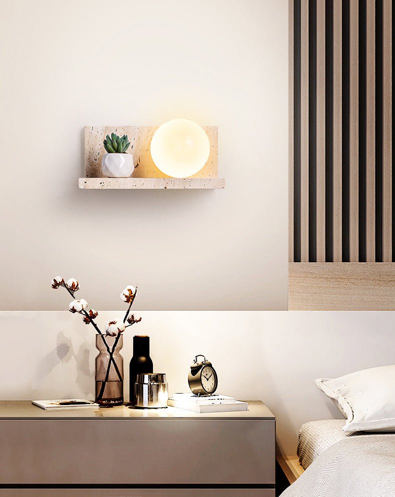Vanthel Regal Wandleuchte aus Travertin mit Kugelschirm für Pflanzen-Display und Kopfteil