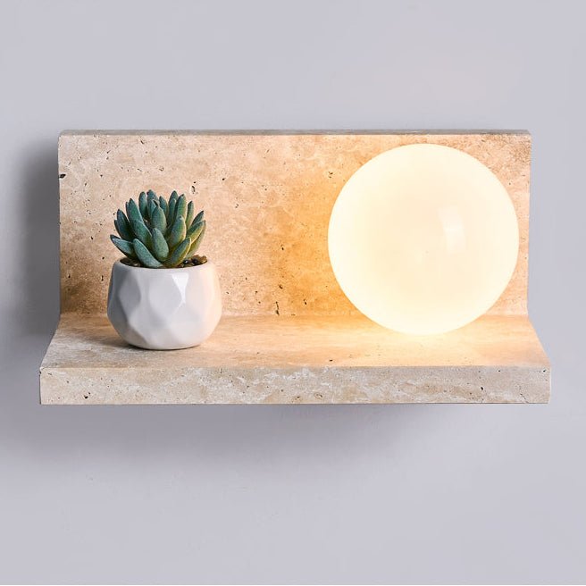 Vanthel Regal Wandleuchte aus Travertin mit Kugelschirm für Pflanzen-Display und Kopfteil