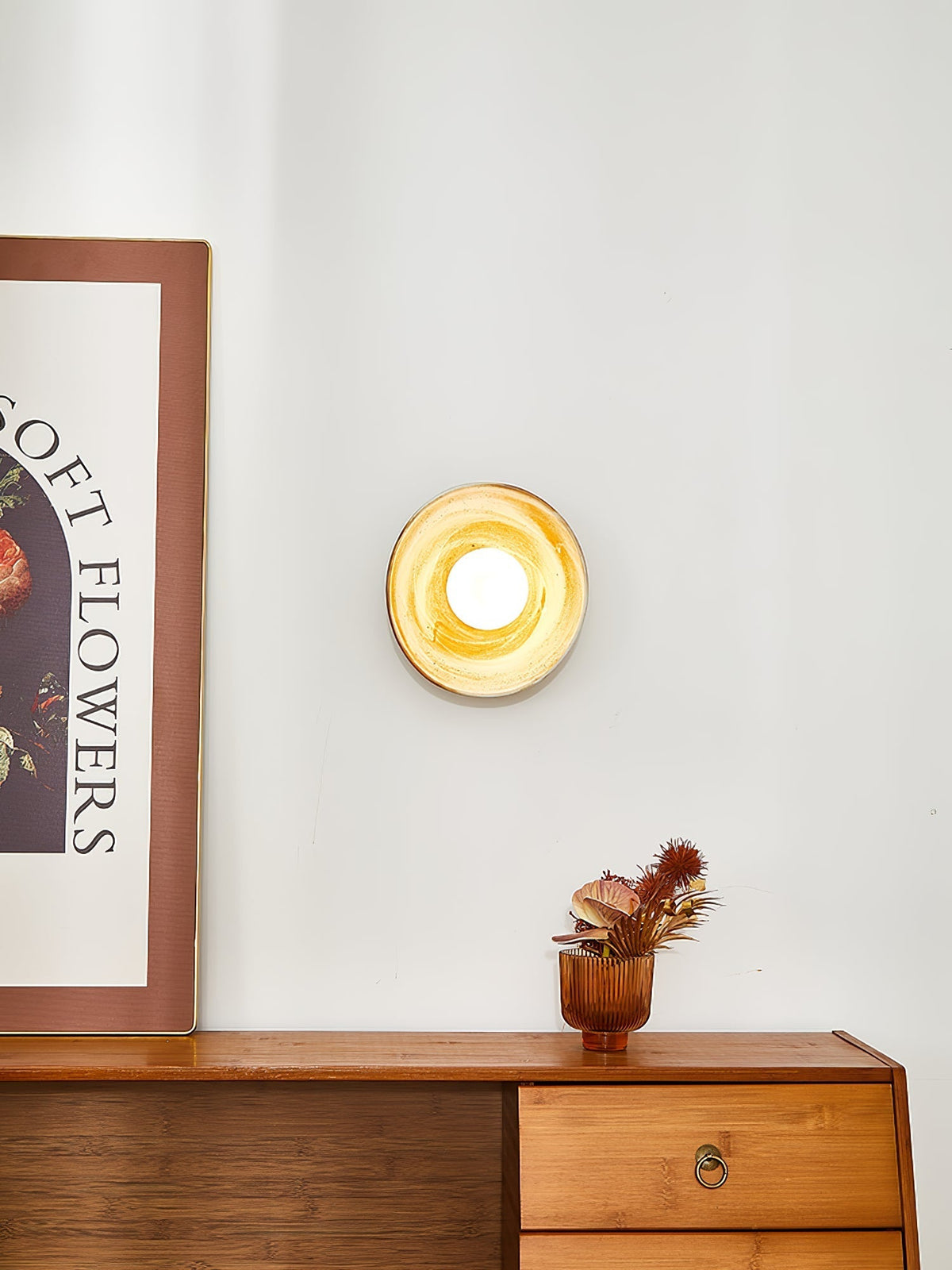 Solune zeitgenössische minimalistische Wandleuchte aus Glas und Holz