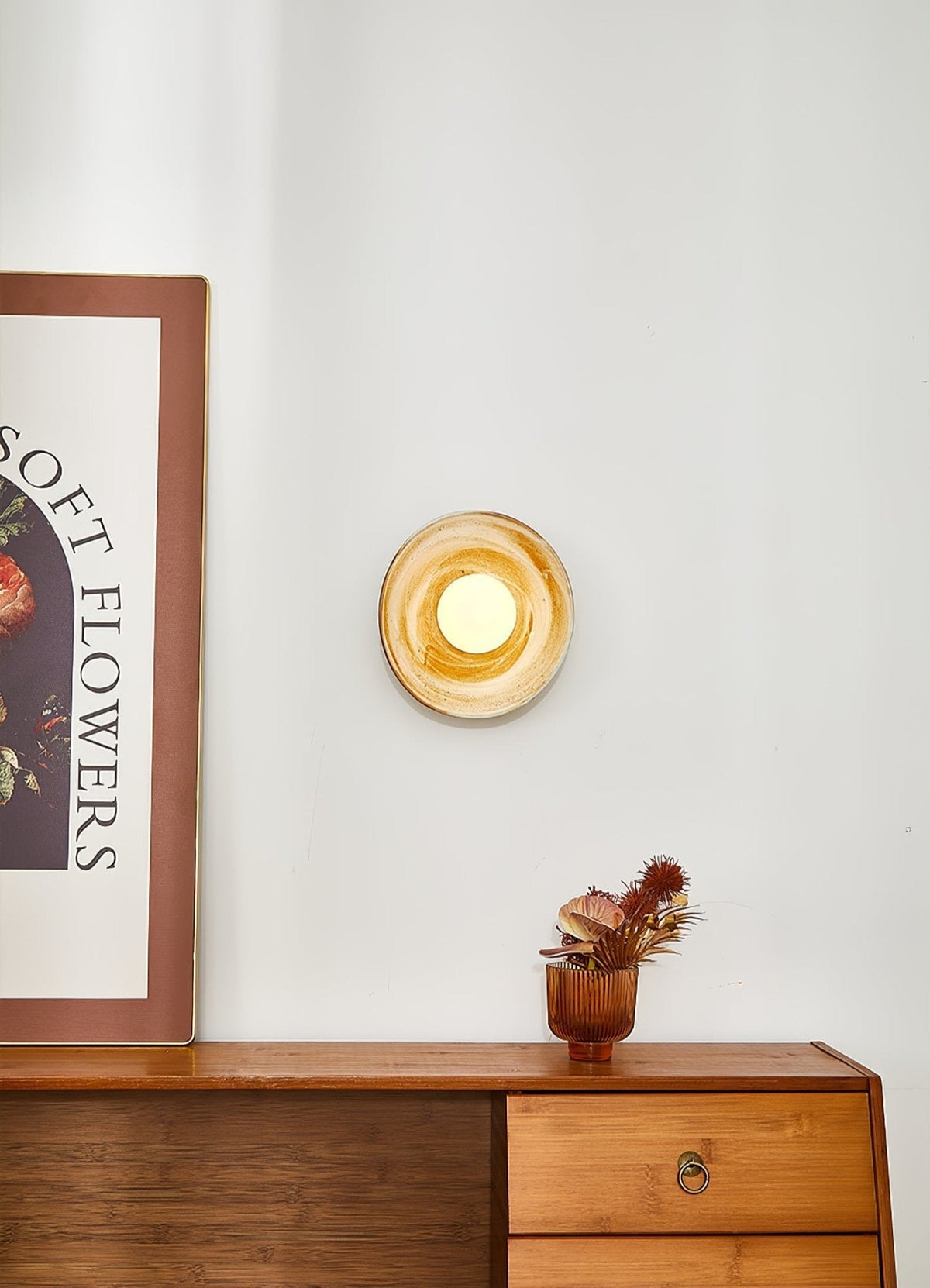 Solune zeitgenössische minimalistische Wandleuchte aus Glas und Holz