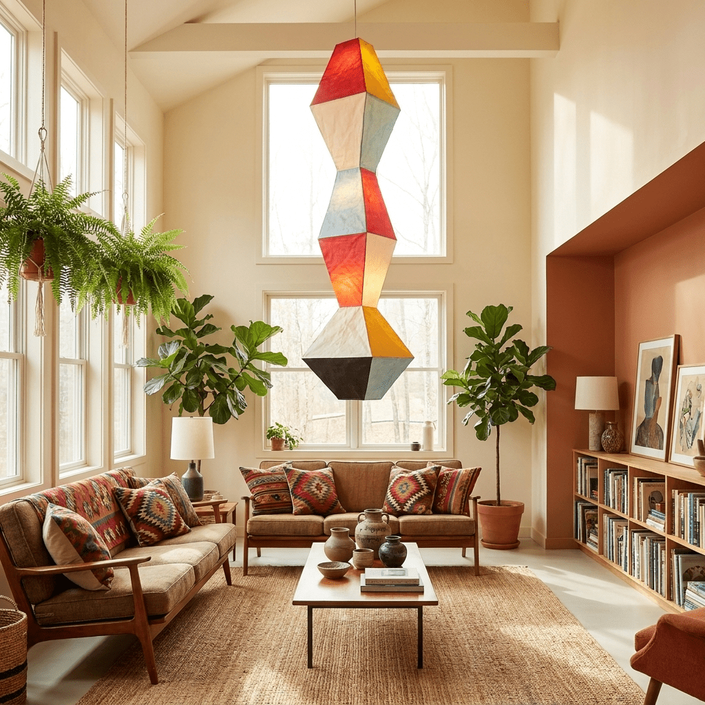 Mavelle Geometrische Pendelleuchte aus Reis Papier in bunten Tönen