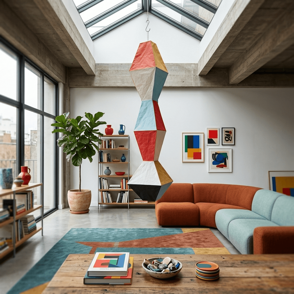 Mavelle Geometrische Pendelleuchte aus Reis Papier in bunten Tönen