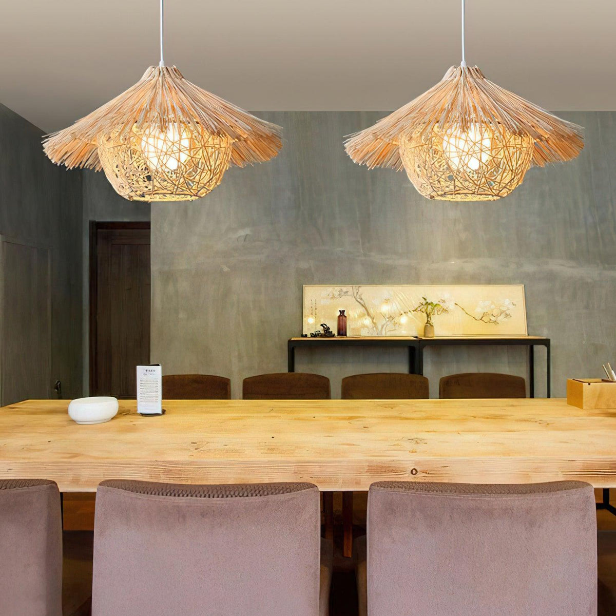 Sunell Rattan-Pendelleuchte in Strohhutform