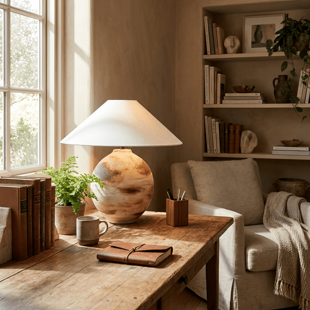 Sorellan Keramik-Tischlampe Braun Oval Vase Minimalistisch Schlafzimmer | Cielum