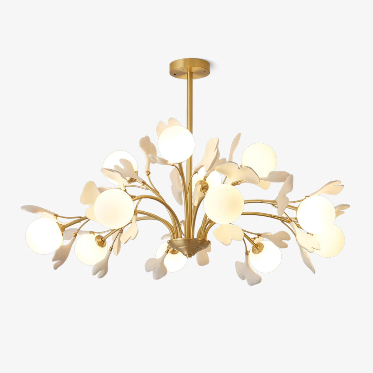 Dorvel Kronleuchter Ginkgo-Blatt Messing Keramik Glas