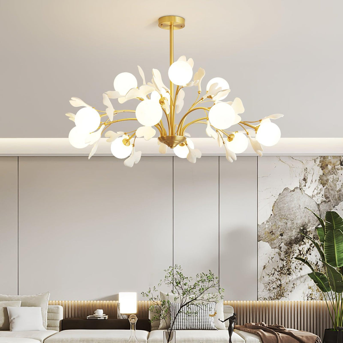 Dorvel Kronleuchter Ginkgo-Blatt Messing Keramik Glas