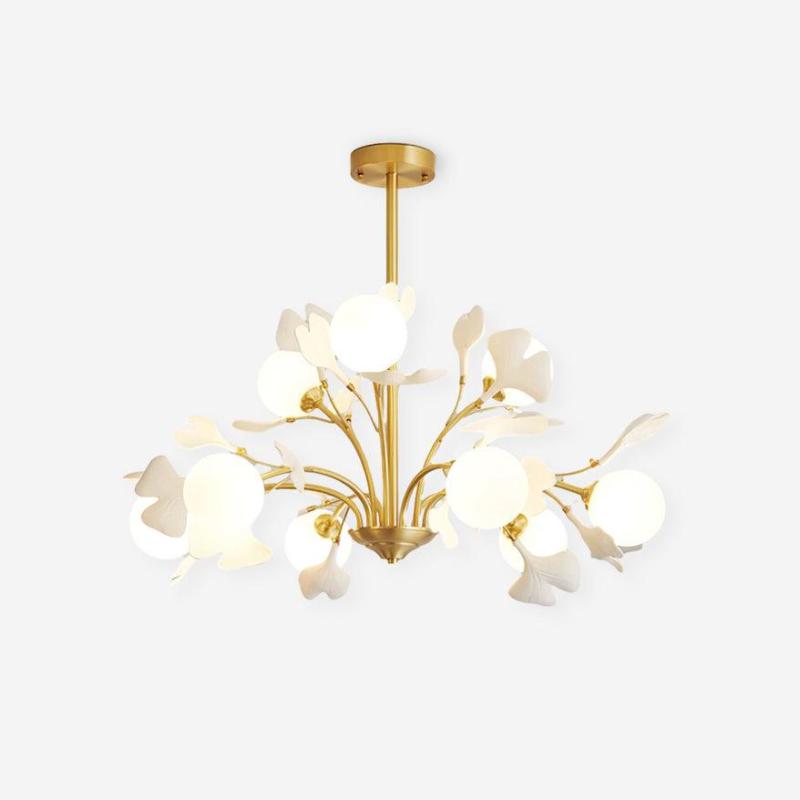 Dorvel Kronleuchter Ginkgo-Blatt Messing Keramik Glas