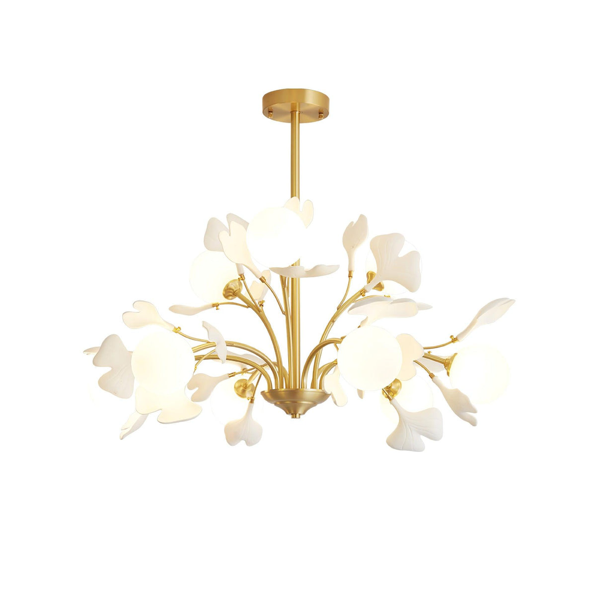 Dorvel Kronleuchter Ginkgo-Blatt Messing Keramik Glas