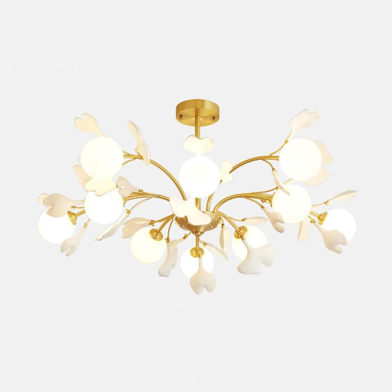 Dorvel Kronleuchter Ginkgo-Blatt Messing Keramik Glas
