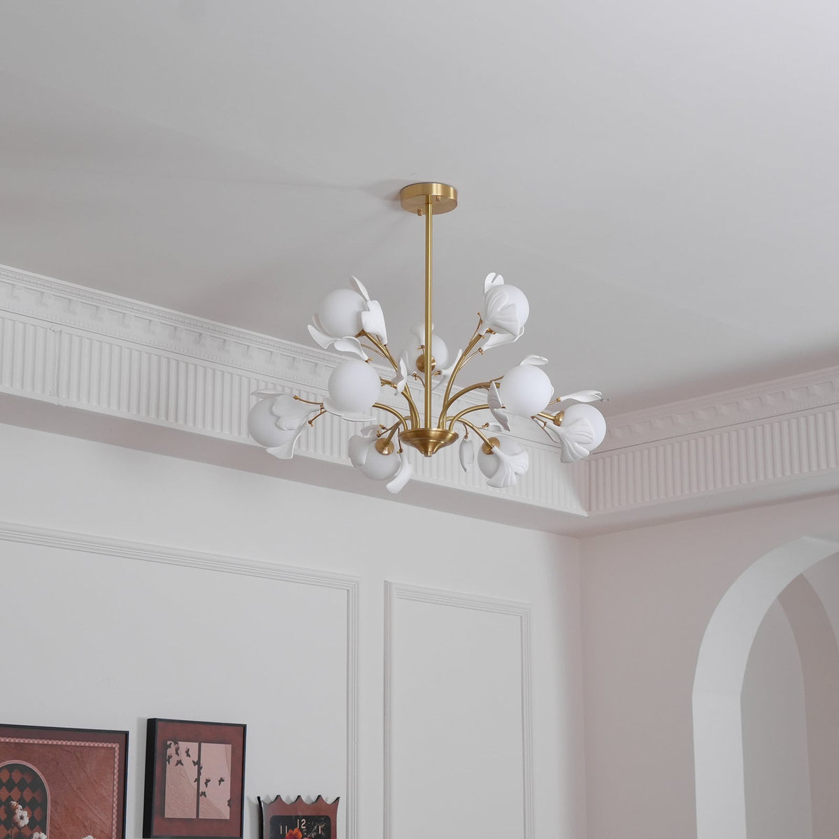 Dorvel Kronleuchter Ginkgo-Blatt Messing Keramik Glas