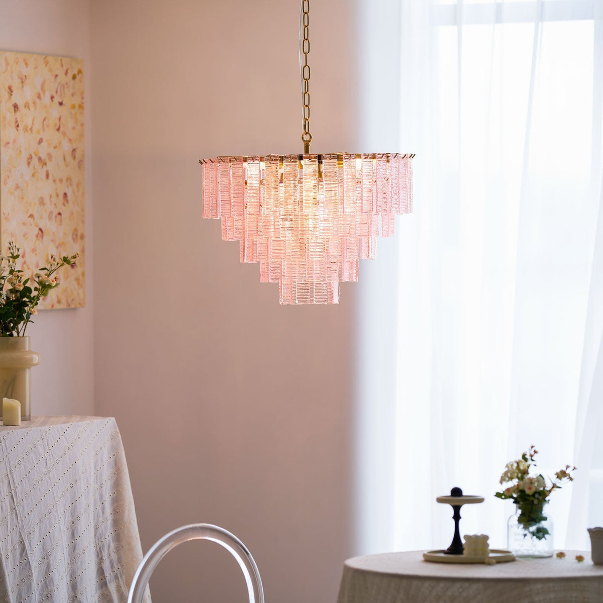 Lioririan Kronleuchter aus rosa Muranoglas mit mehrschichtigen Vintage-Luxus-Design