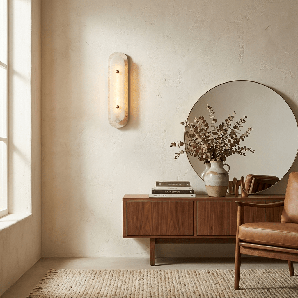 Wandleuchte aus Travertin und Alabaster in Ovalform