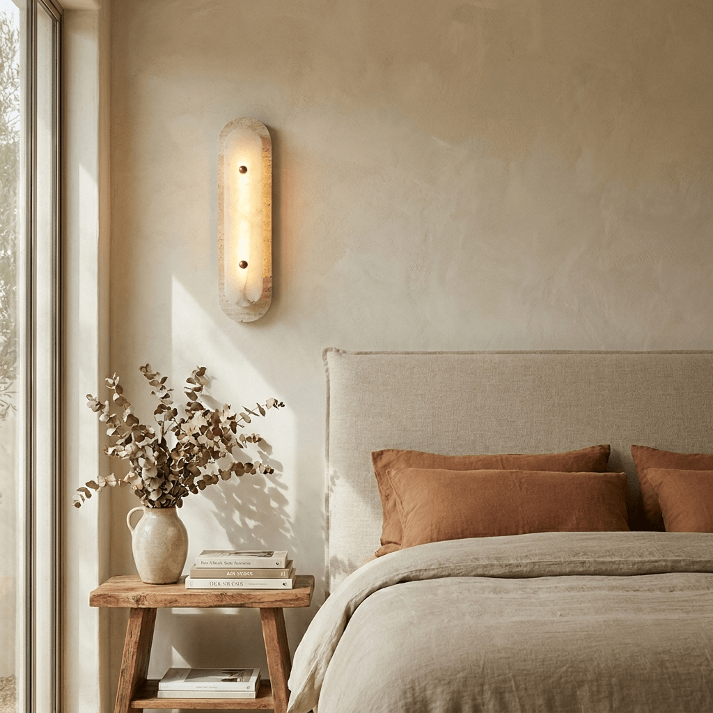 Wandleuchte aus Travertin und Alabaster in Ovalform