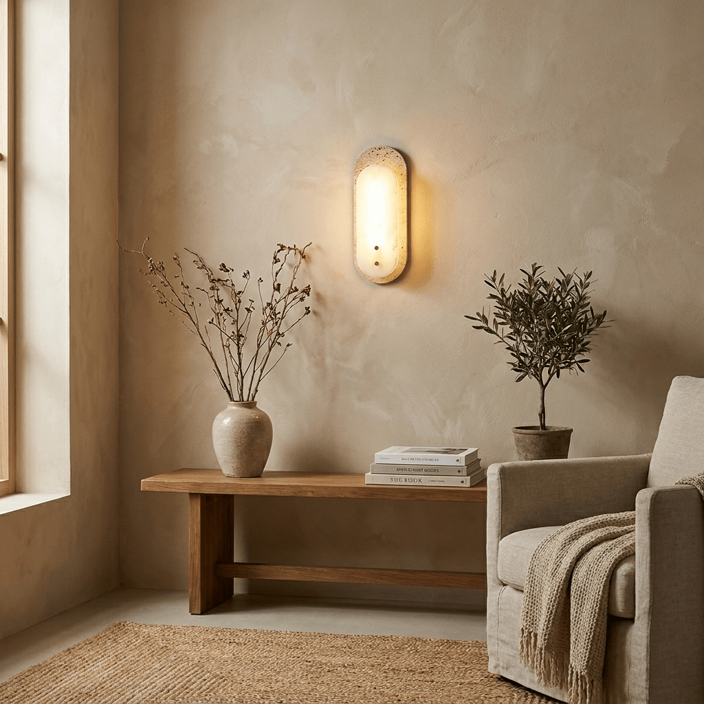 Wandleuchte aus Travertin und Alabaster in Ovalform