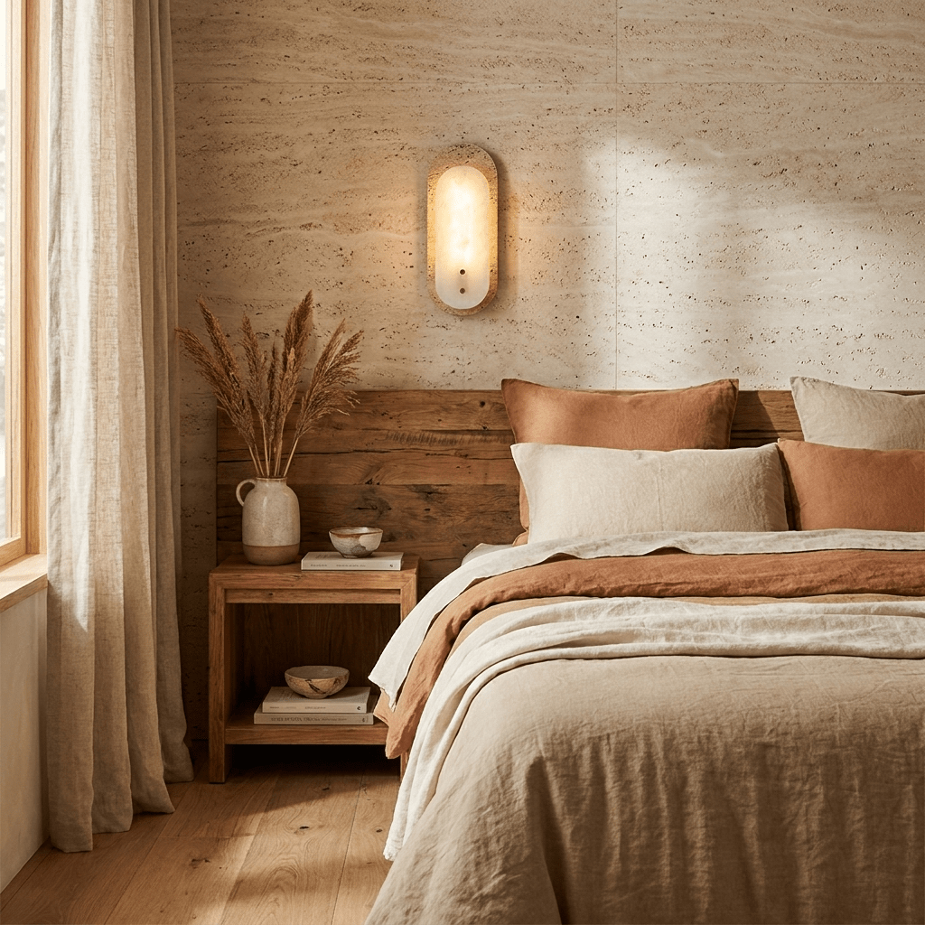 Wandleuchte aus Travertin und Alabaster in Ovalform