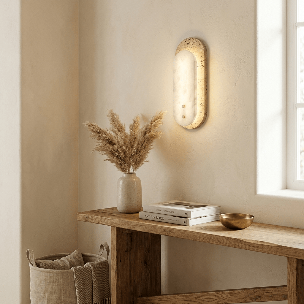 Wandleuchte aus Travertin und Alabaster in Ovalform