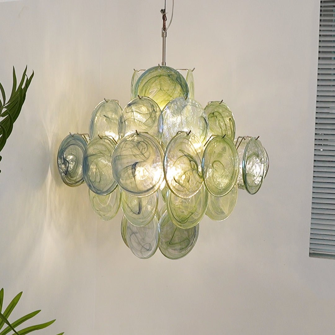 Velerora Kronleuchter grüner Murano-Glasscheiben in Natur-Optik