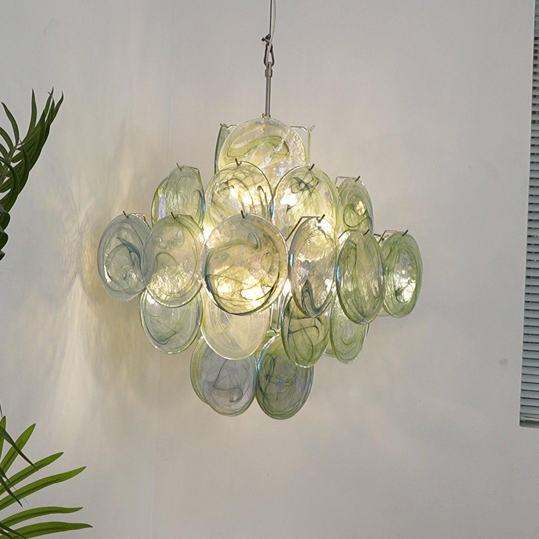 Velerora Kronleuchter grüner Murano-Glasscheiben in Natur-Optik