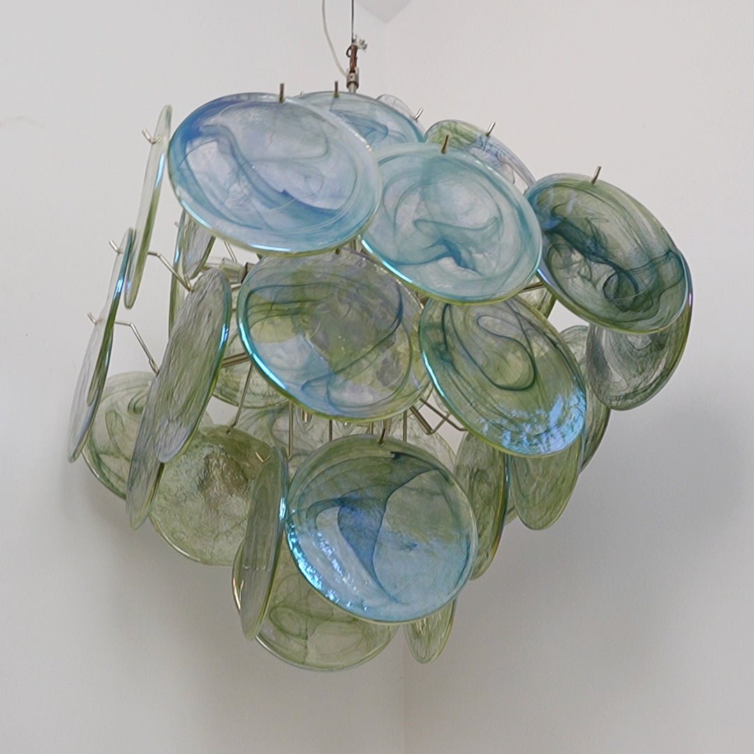 Velerora Kronleuchter grüner Murano-Glasscheiben in Natur-Optik