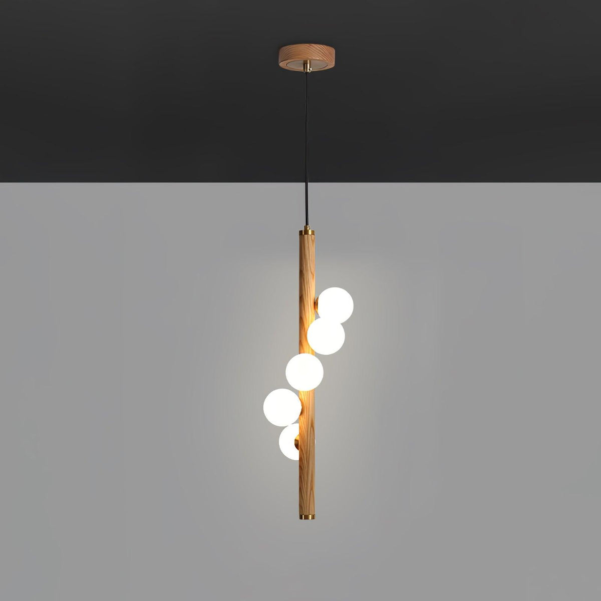 Rinenena Pendelleuchte aus Holz mit Glaskugeln linear