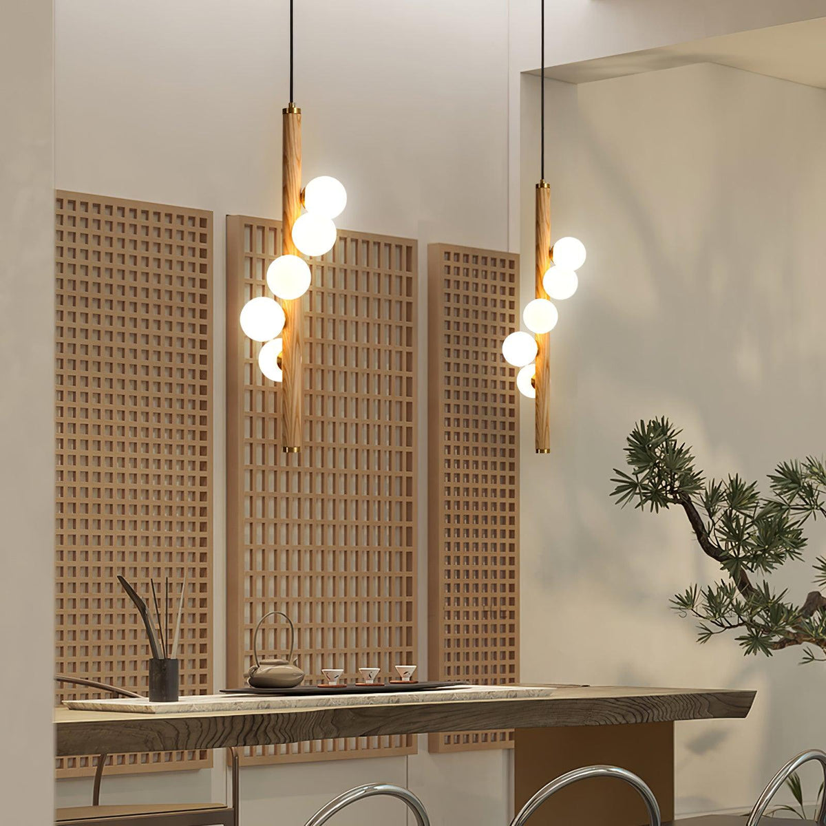 Rinenena Pendelleuchte aus Holz mit Glaskugeln linear