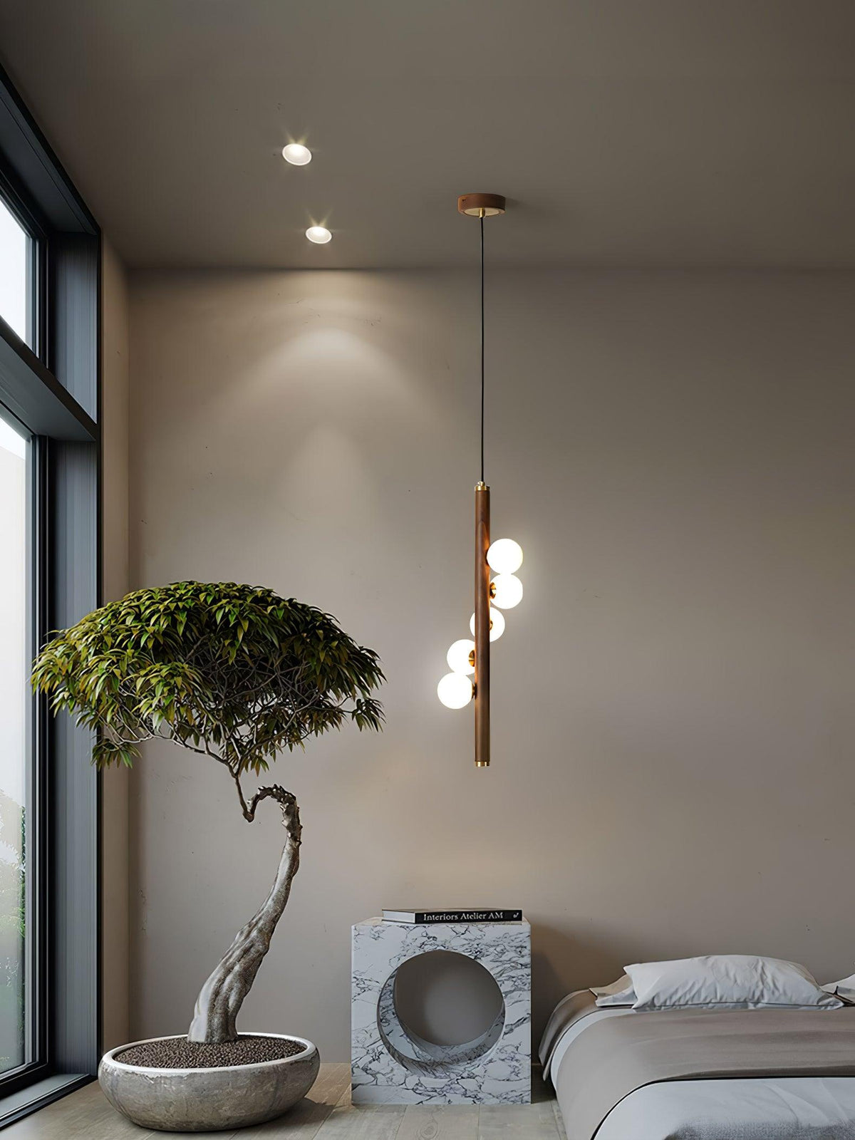 Rinenena Pendelleuchte aus Holz mit Glaskugeln linear