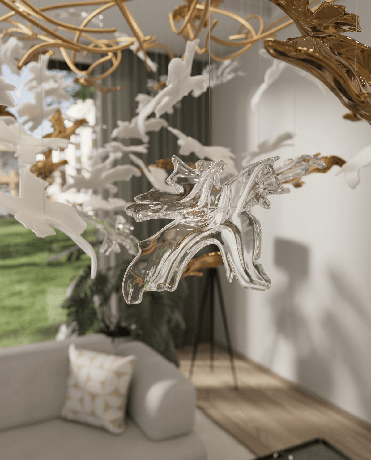 Arinan Kronleuchter aus Glas in Blumenform | Weiß & Gold