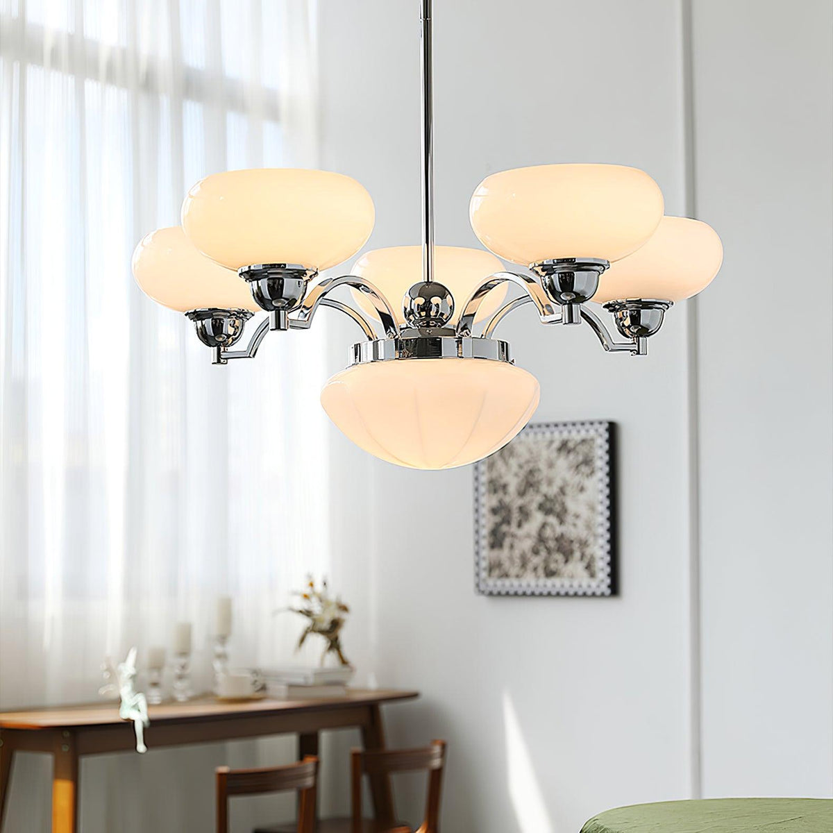 Veliniel Kronleuchter Warre Satin Nickel Glas Eisen