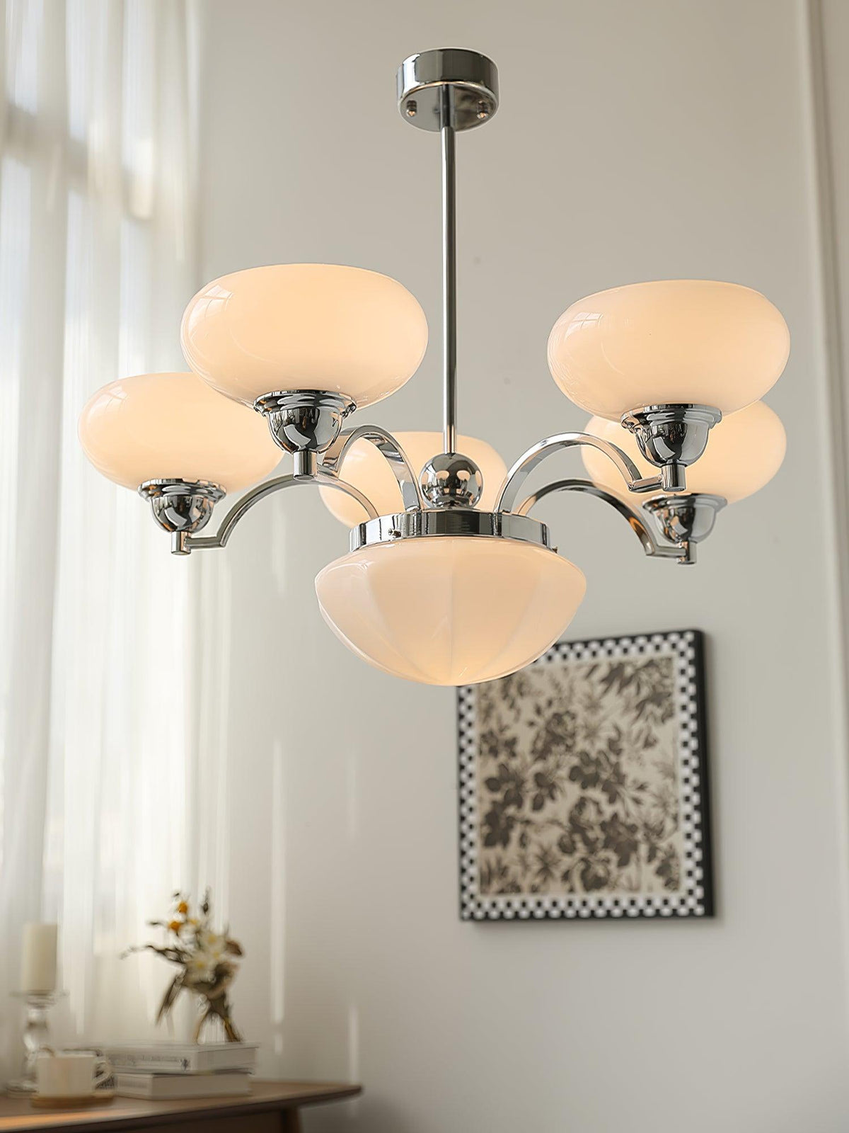 Veliniel Kronleuchter Warre Satin Nickel Glas Eisen